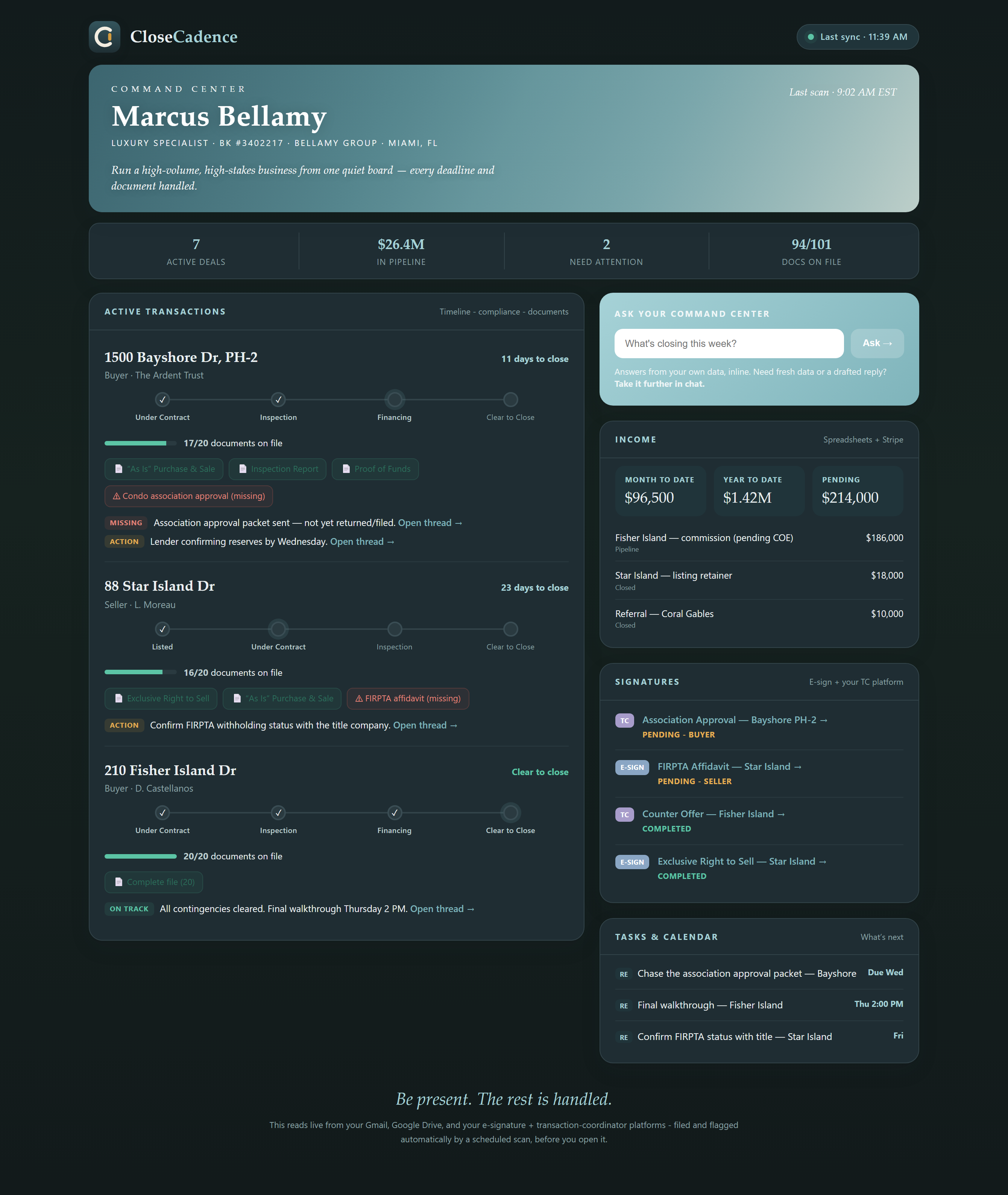 Full CloseCadence Command Center dashboard configured for high-value, high-volume